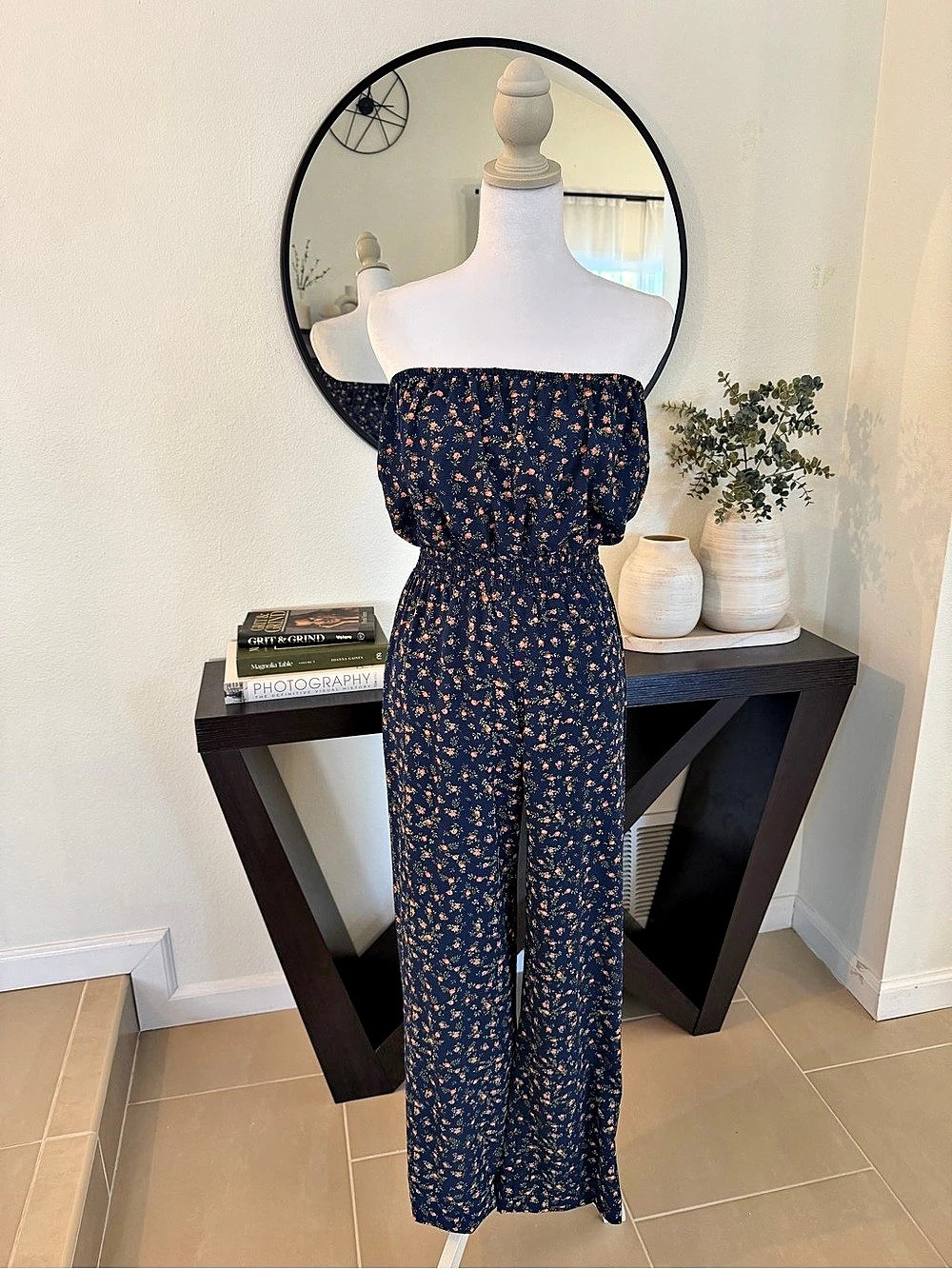 Forever 21 Floral Wide Leg Jumpsuit in Blue Size Small